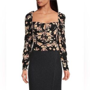 572- Free People NWT Black Floral Long Sleeve Off Shoulder Crop Top. Size Medium